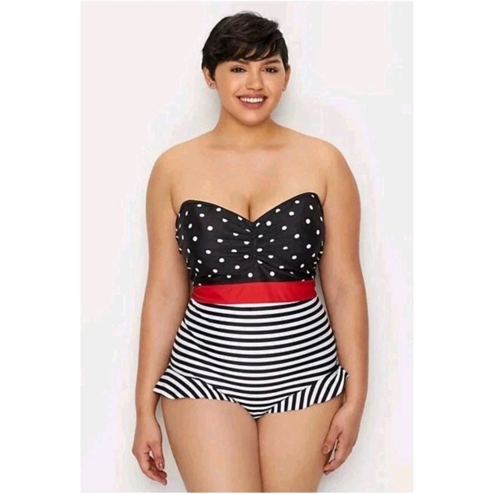 ModCloth BLACK POLKA DOT Katie Polka-Dot Bandeau One-Piece Swimsuit, US XL - Picture 12 of 12